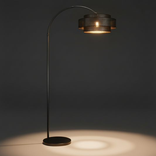 Bellamy Arc Floor Lamp – Sculptural Arc Floor Light with Rattan Drum Shade