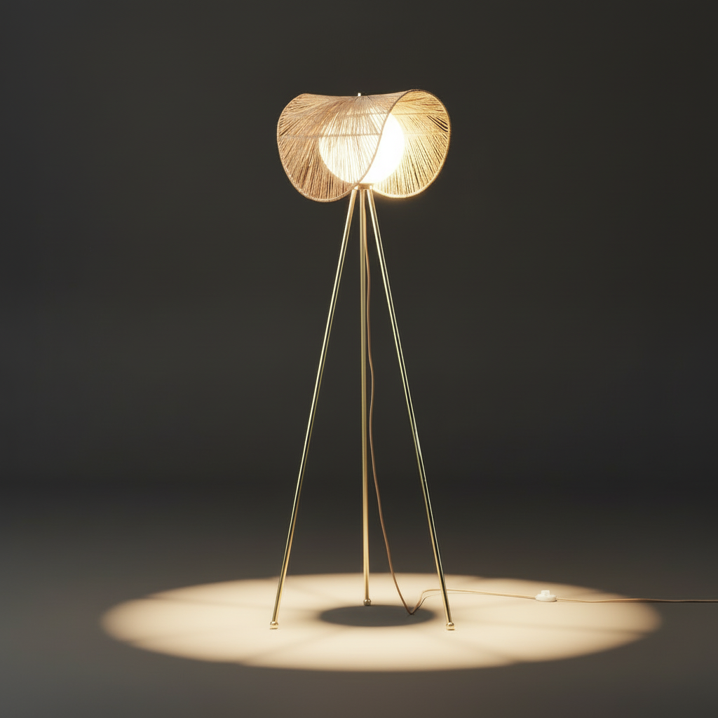 Latham Floor Lamp – Polished Brass & Rattan Ambient Floor Light
