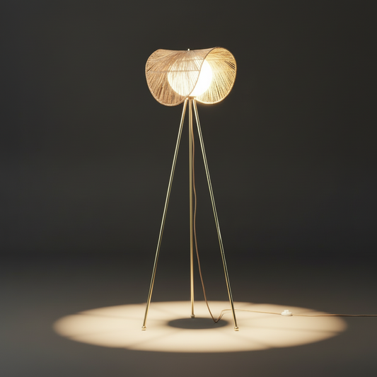 Latham Floor Lamp – Polished Brass & Rattan Ambient Floor Light