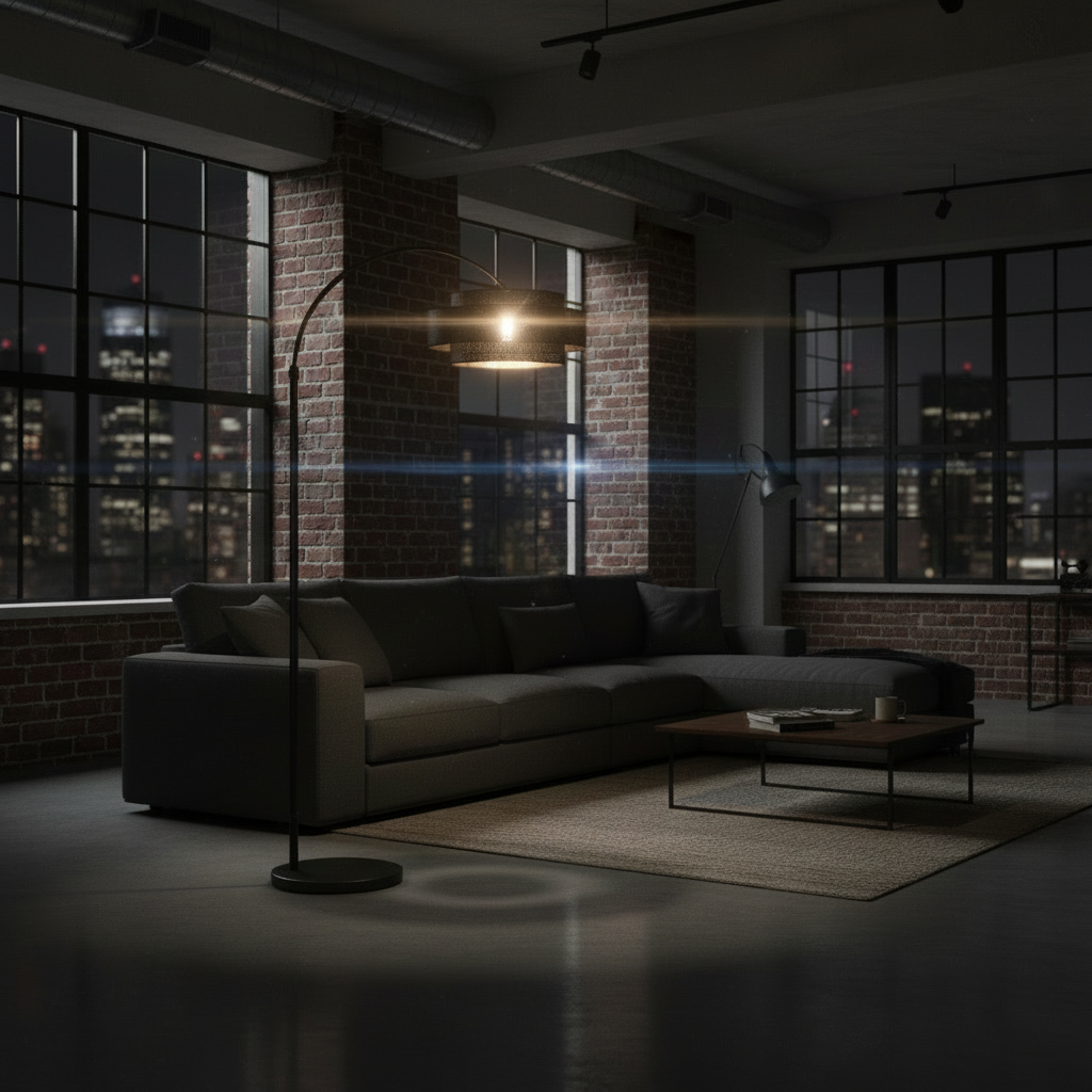 Bellamy Arc Floor Lamp – Sculptural Arc Floor Light with Rattan Drum Shade