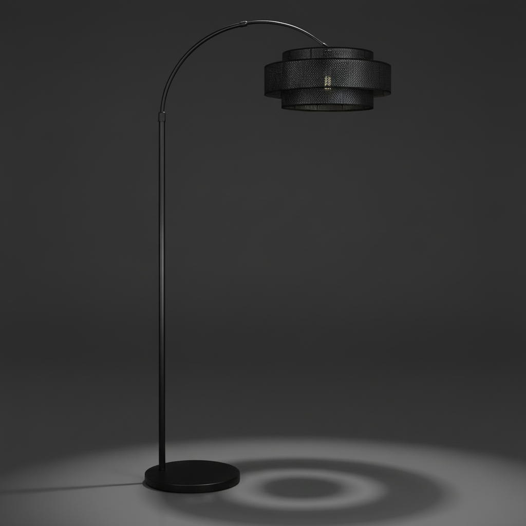 Bellamy Arc Floor Lamp – Sculptural Arc Floor Light with Rattan Drum Shade