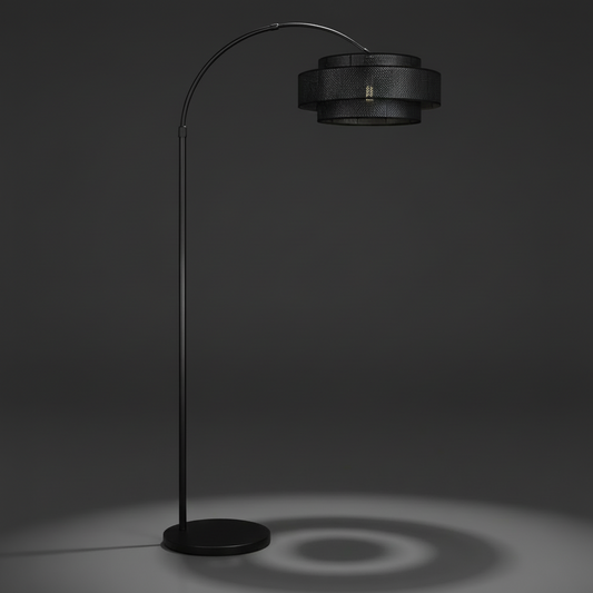 Bellamy Arc Floor Lamp – Sculptural Arc Floor Light with Rattan Drum Shade